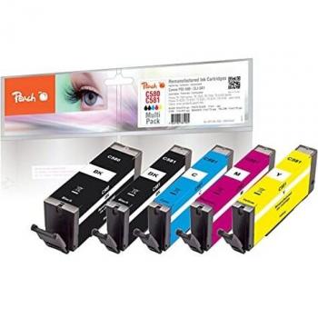 Pack Ahorro de Tintas Peach, Compatible con Canon PGI-580 y CLI-581, Incluye Negro, Cian, Magenta y Amarillo - 5 Piezas