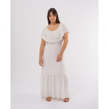 October - Vestido largo con volante en escote y bordado suizo, estilo ibicenco con volantes