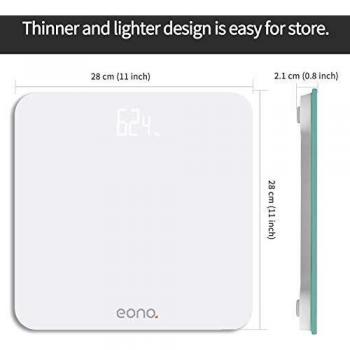 Amazon Brand – Eono Báscula de Baño Digital Ultrafina De Vidrio Templado Para el Baño Con Sensores De Alta Precisión, Sistema De Unidades: kg/lb/st, 15 Años De Garantía Blanco