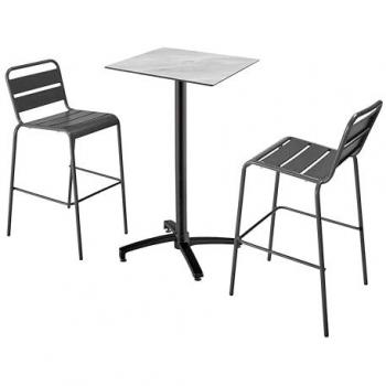 Mesa alta inclinable de mármol taupe y 2 sillas altas grises