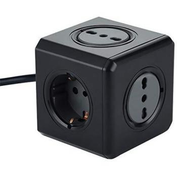 Multipresa Cubo Electraline 5 Puertos (2 Schuko + 3 Bipasso) Color Negro, Cable de 1.5m