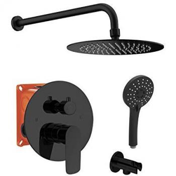 Conjunto de Ducha Empotrado ROUND NEGRO Monomando - Alta Calidad, Fabricado en Latón, Termostático, Acabado en Negro, Rociador Ø25cm, Brazo incluido, Kit de ducha completo