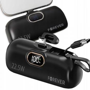 Batería Externa Compacta Forever MTB-100 5000 mAh USB-C 22,5 W Negra con Cable Integrado