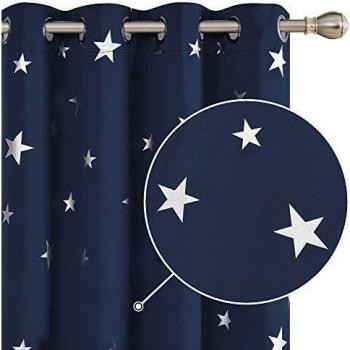 Deconovo Cortinas Opacas Telas Térmicas Aislantes Frio y Calor para Salon con Diseño de Estrllaa Plateadas 2 Piezas 132x183cm Azul Marino
