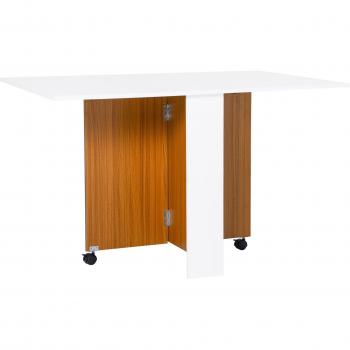HOMCOM Mesa de Comedor Plegable con Ruedas y 2 Alas Abatibles Estante Multifuncional 3 Posiciones Blanco y Teca 120x80x73 cm