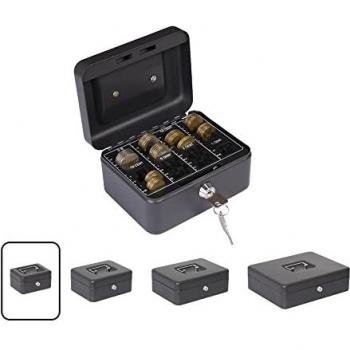 Caja de Seguridad Arregui Elegant Cash con Llave para Contar y Transportar Dinero, Caja Fuerte Portátil de Acero con Bandeja Organizador de Monedas, Color Negro