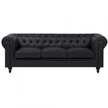 Sofá Chesterfield tapizado en tela negra con patas de madera oscura, 3 plazas, estilo clásico Chesterfield