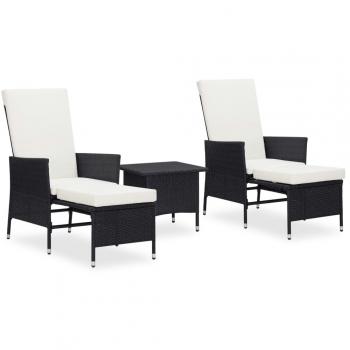 3-Piece Black Poly Rattan Garden Lounge Set with Cushions
