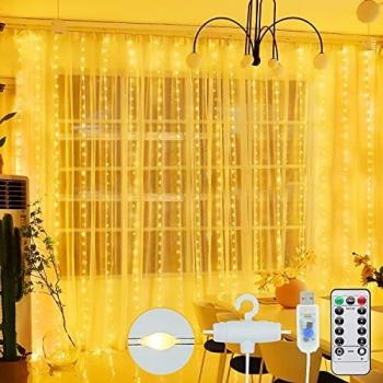 Cortina de Luces - 300 LED 3M*3M Luces Cortina Navidad USB con Control Remoto 8 Modos Impermeable Luz de Cortina para Casa Ventana Pared Boda Fiesta Decoración Navideña