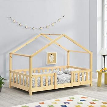 Cama infantil Treviolo de madera de pino natural 80x160 cm con forma de casa y protección anticaídas