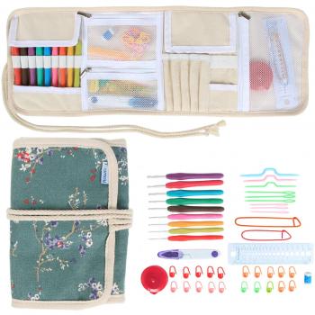 Teamoy Crochet Hooks Gift Set, organizador de envoltura de lona con agujas de ganchillo de agarre suave y accesorios de punto, Plum Flowers