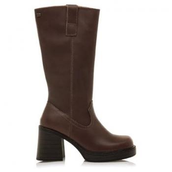 MTNG Botas de Tacón Mujer New Oasis Marrón con Cierre Cremallera, Punta Redonda, Piel, Interior de Piel, Caña Alta, Tacón Ancho y Plataforma
