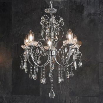 Lámpara colgante de techo Tabitha, cromo y cristal, 5 bombillas G9, IP44, detalle de vidrio K9
