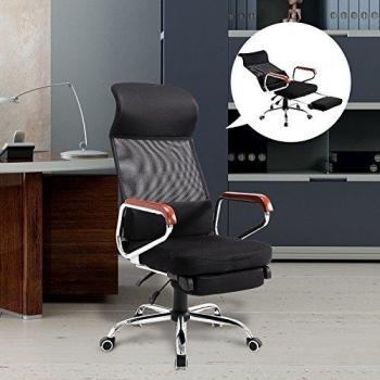 Silla de Oficina Reclinable con Reposapiés en Malla Negra Elevable Sillón Giratoria Despacho