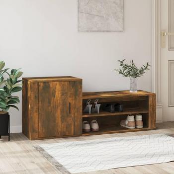 Mueble Zapatero de Madera Contrachapada en Color Blanco, Gris Hormigón y Gris Sonoma, dimensiones 130x35x54 cm, acabado en Roble Ahumado
