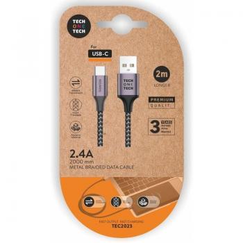 Cable USB 2.0 Tech One Tech TEC2023 con Conector USB Tipo-C Macho y USB Macho de 2 metros en Color Gris