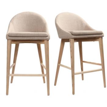 Miliboo Set de 2 taburetes de cocina nórdicos de tela beige y fresno macizo 66 cm DALIA