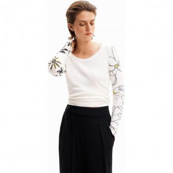 Desigual - Camiseta canalé flores blanco