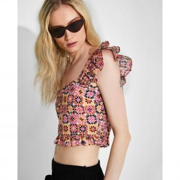 NAËLLE - Crop top estampado de mujer con estacote sirena, tirantes con volantes y bajo avolantado