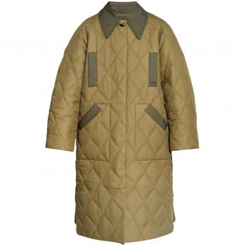 Ganni Women's Quilted Midi Coat in Kaki | Size L-XL | F9206