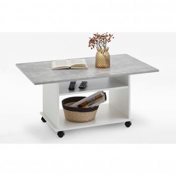 Mesa de centro FMD sobre ruedas con 2 estantes, color gris hormigón y blanco, dimensiones aproximadas 100 x 60 x 44 cm, fabricada en madera de ingeniería