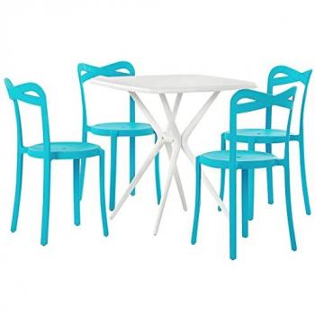 Conjunto de Comedor Moderno 4 Plazas Sersale/Camogli Blanco y Azul, Material Sintético, Sillas Apilables, Mesa para Interior y Exterior