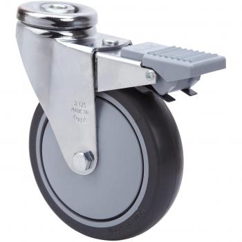Rueda Giratoria Alex Serie A-PGAIB con Agujero Pasante, Freno, Soporte, Cromada, Goma Gris y Bolas
