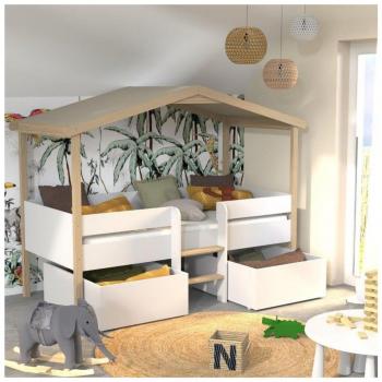 Cama infantil tipo cabaña 90 x 190 cm con somier y 2 cajones, blanco y roble