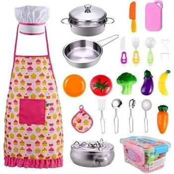 GOLDGE 24 PCS Niños Juguetes de Cocina Acero Inoxidable Utensilios de Cocina Culinario Mini Cocina de Juguete de Acero Inoxidable Cocina Play House