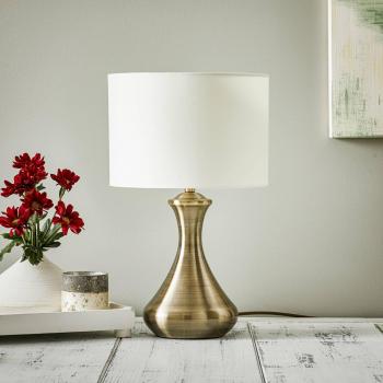Lámpara de mesa táctil de latón antiguo con tejido blanco y 1 luz E14