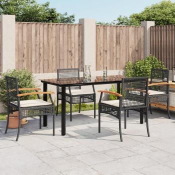 5-Piece Black Poly Rattan Garden Dining Set with Cushions