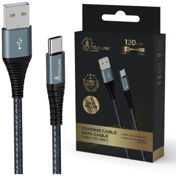 Cable Extralink Smart Life 15W USB-A a USB-C, 120cm, trenzado de nylon, 5V 2.4A/3A, negro