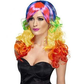 Smiffy'S 42082 Peluca Arco Iris Rizada, Larga Con Flequillo, Multicolor, Tamaño Único