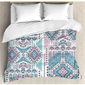 Juego de sábanas tribales de 3 piezas Juego de funda nórdica, diseño geométrico bohemio étnico azteca Arte estilizado vintage en colores pastel, juego de fundas de edredón / edredón de 3 piezas con 2