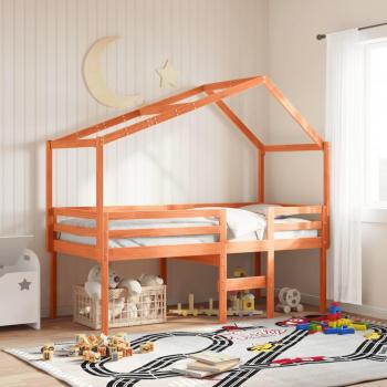 Cama alta con techo de madera maciza de pino marrón cera 80x200 cm