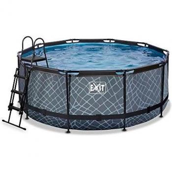Piscina Redonda EXIT Stone Ø360x122cm con Bomba de Filtro de Arena y Escalera, Color Gris
