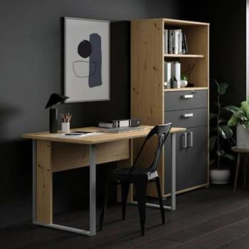 Pack Muebles de Oficina Escritorio y Estantería Venture con Puertas Abatibles en Roble Artesano y Gris, Material: Melamina - Metal, Color: Gris - Madera Claro