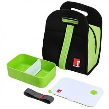 Bergner Walking Pleasure Set bento Box + Bolsa isotérmica, Neopreno, Negro y Verde, 27x21.5x14 cm
