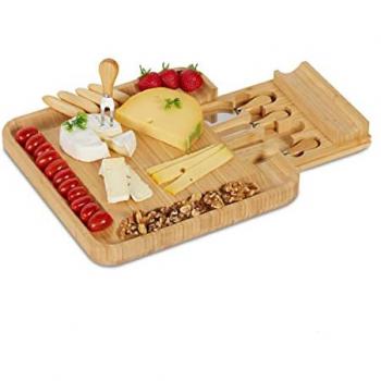 Set Tabla de Quesos y Aperitivos en Bambú, 4 x 33 x 33 cm, con Cajón y 4 Cubiertos de Acero Inoxidable, Natural