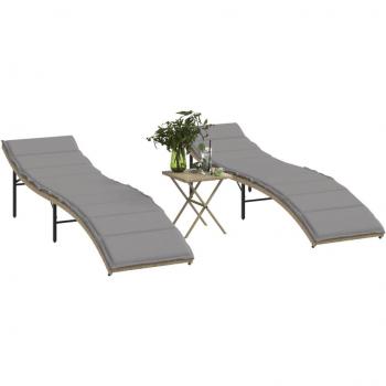 Tumbonas de ratán sintético beige con mesa, 2 unidades en Polyrattan