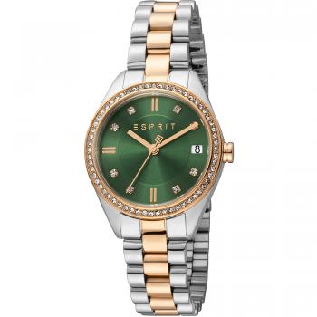 Esprit Alia Women's Analog Watch - Silver Grey Rose Gold with Bottle Green Dial