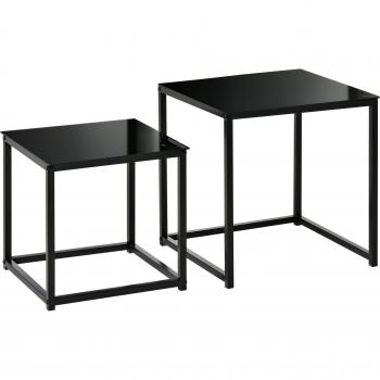 Juego de 2 Mesas Auxiliares Cuadradas con Tablero de Cristal, Sofá y Centro, Acero Negro