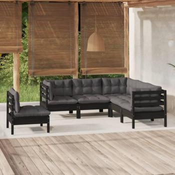 Sofá de jardín 5 piezas con cojines de pino negro sólido