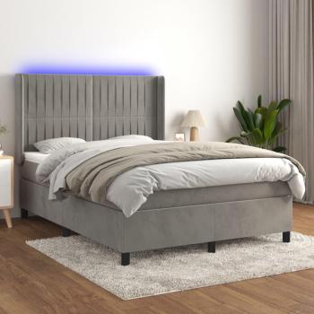 Colchón de muelles y terciopelo LED gris claro 140x190 cm con cama box spring, incluye colchón y luces LED, color gris claro