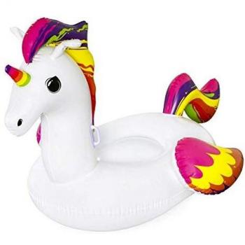 BESTWAY 41113 - Unicornio de Fantasía Hinchable 224x164 cm Para 1 Adulto Con Asas de Agarre Laterales Blanco con detalles Arcoíris Válvulas de Seguridad y Parche de Reparación