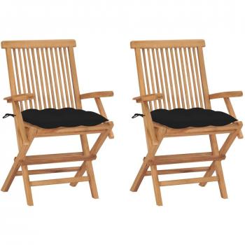 Teak Garden Chairs with Black Cushions - Set of 2