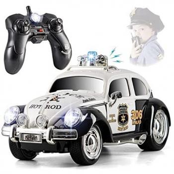 Coche de policía con control remoto Top Race, con luces y sirenas | Coche de policía RC para niños | Fácil de controlar, neumáticos de goma, estilo antiguo y resistente para escarabajos