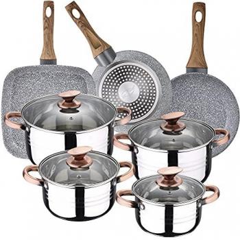 Batería de cocina 8 piezas SAN IGNACIO Premium Nona de acero inoxidable con juego de sartenes (18/22 cm) y grill 28x28 cm SAN IGNACIO Daimiel en aluminio forjado