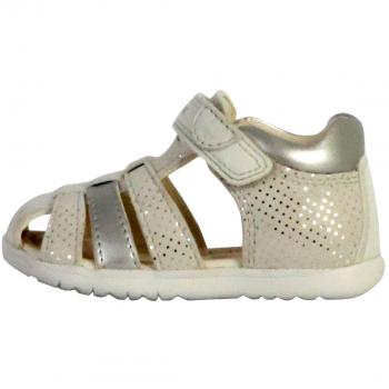 Sandalias Geox para niña con puntera reforzada, modelo Macchia, color blanco lechoso/plateado claro