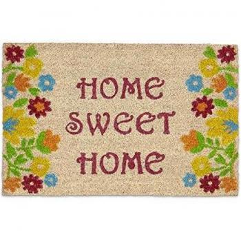 Felpudo de Coco Antideslizante Home Sweet Home con Flores, 60x40 cm, Interior y Exterior, Multicolor
